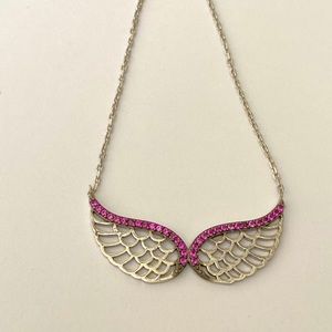 😇Angelwing pink cz stones 925 silver necklace